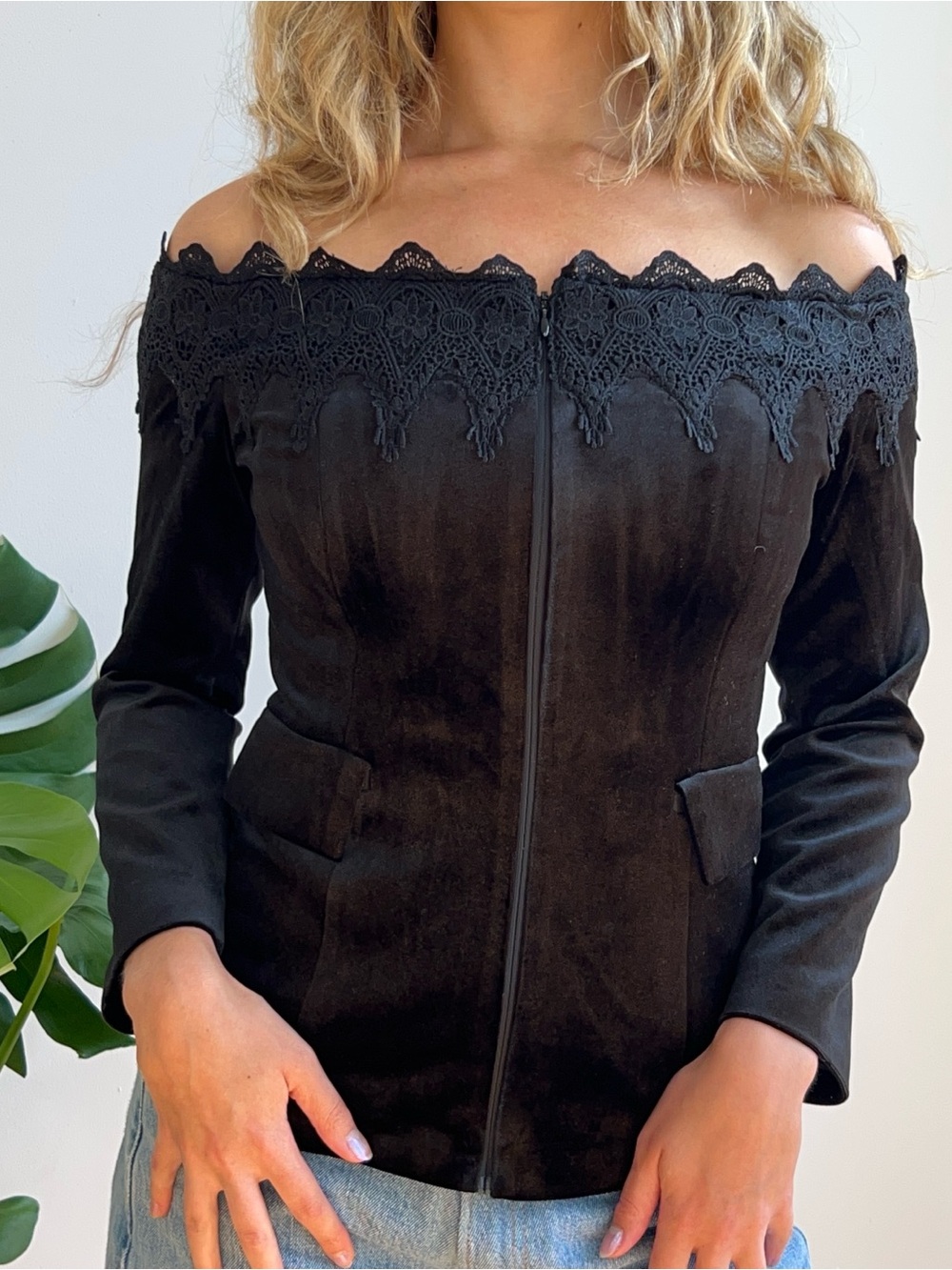 Vintage Off the Shoulder Black Velvet and Lace Sweater Jacket
